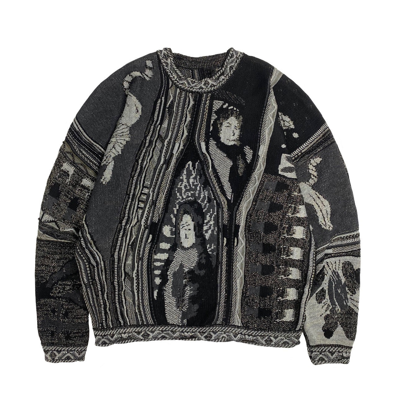 Vintage Ethnic Style Knitted Crewneck Pullover Sweater - Black / S