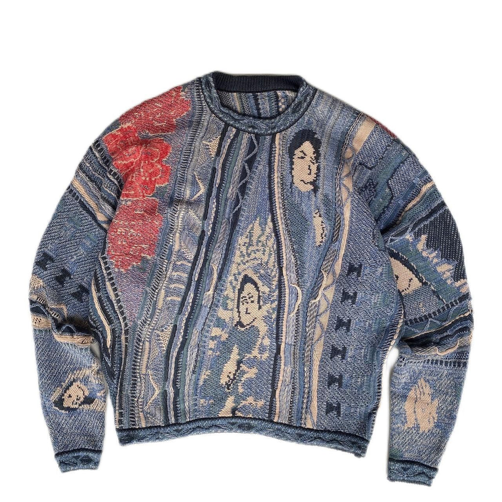 Vintage Ethnic Style Knitted Crewneck Pullover Sweater - Blue / S