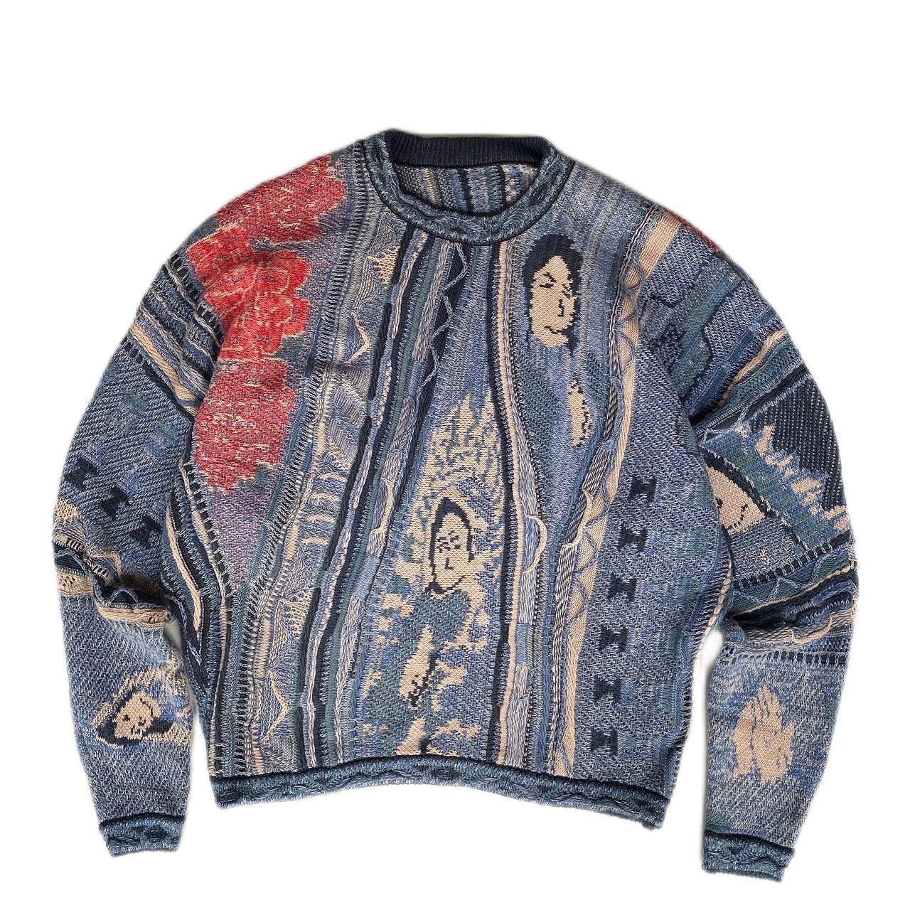 Vintage Ethnic Style Knitted Crewneck Pullover Sweater - Blue / S
