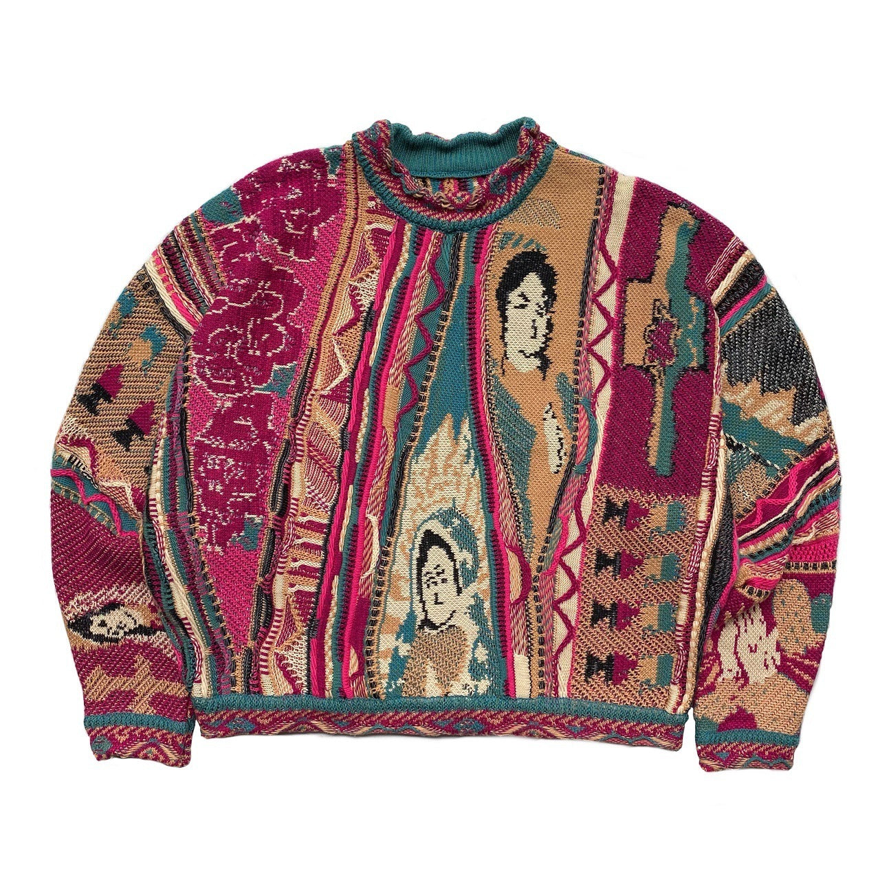 Vintage Ethnic Style Knitted Crewneck Pullover Sweater - Rose red / S