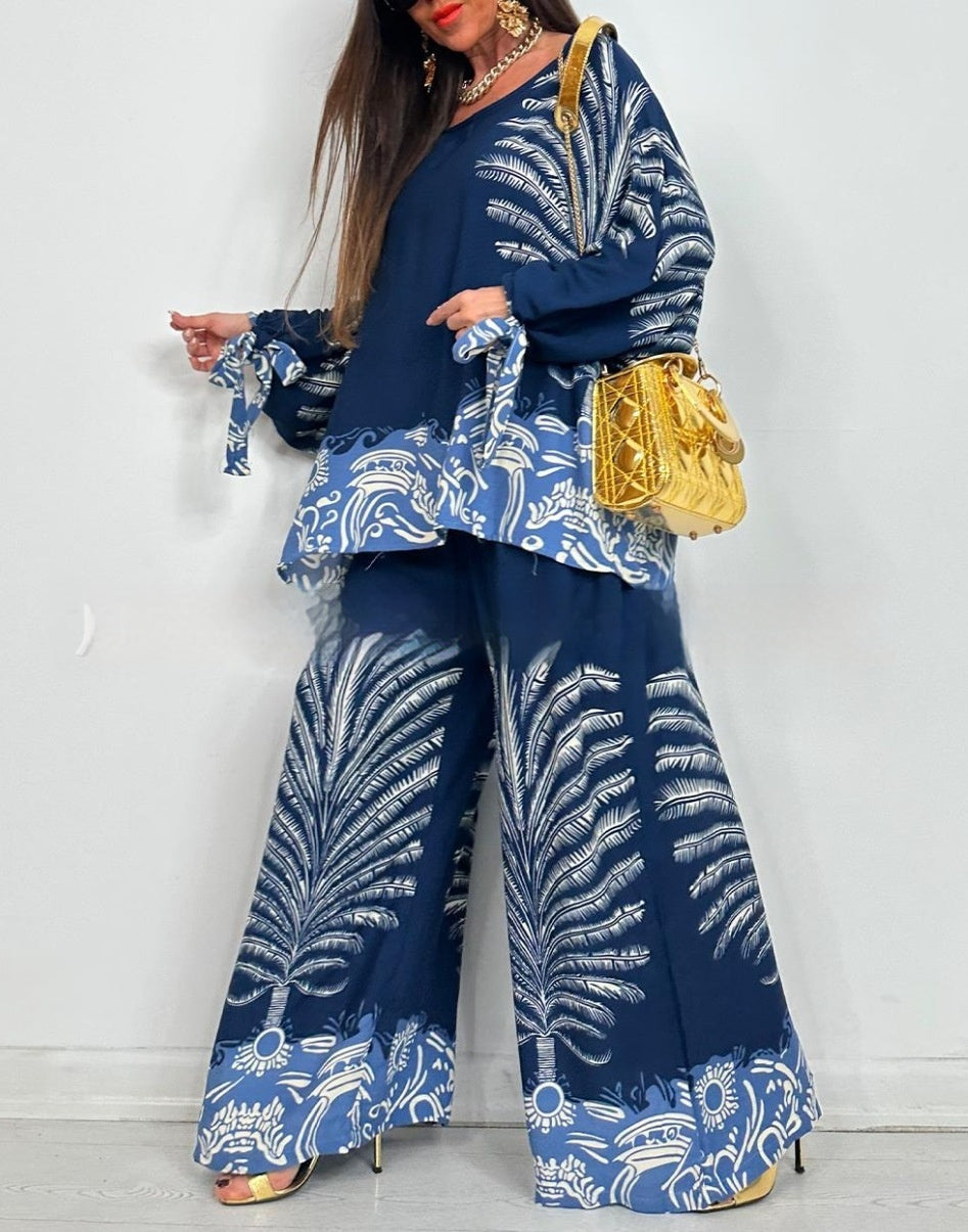 Vintage Floral Print Long Sleeves Top Wide Leg Pants Suit