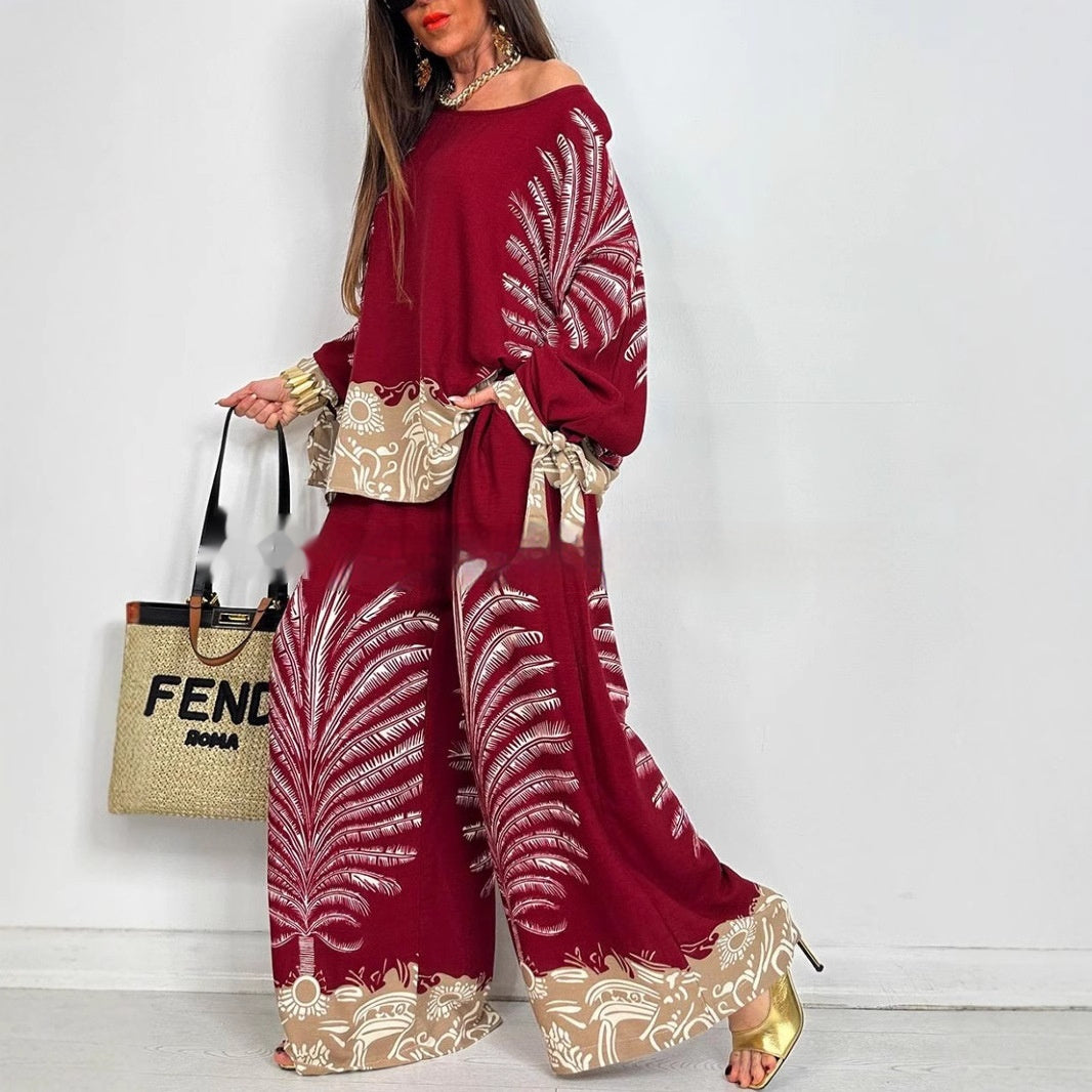 Vintage Floral Print Long Sleeves Top Wide Leg Pants Suit