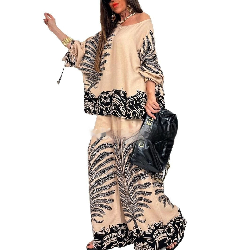 Vintage Floral Print Long Sleeves Top Wide Leg Pants Suit