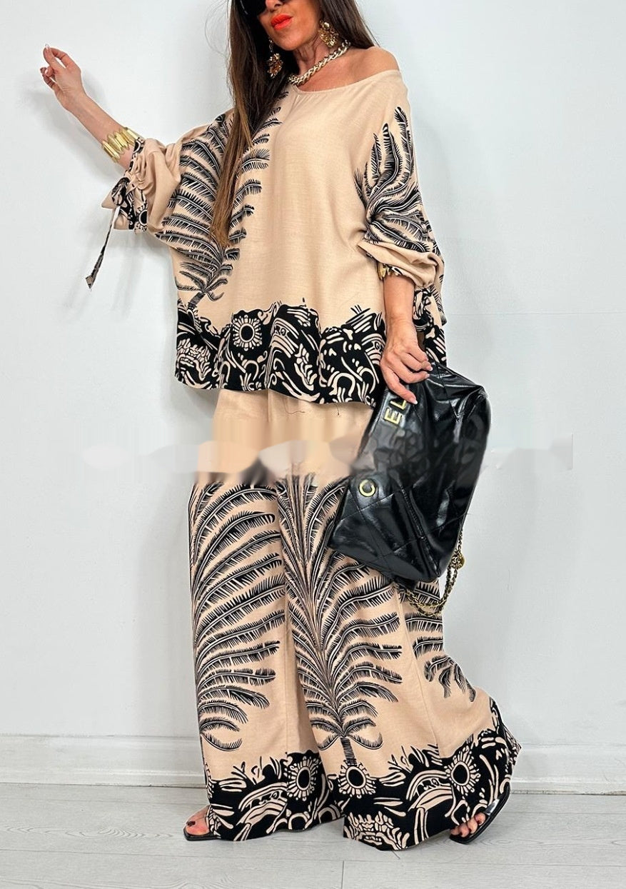 Vintage Floral Print Long Sleeves Top Wide Leg Pants Suit
