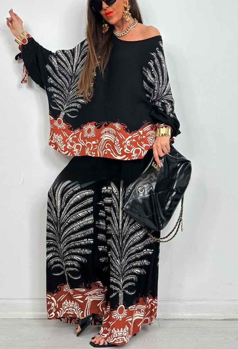 Vintage Floral Print Long Sleeves Top Wide Leg Pants Suit - Black / XS