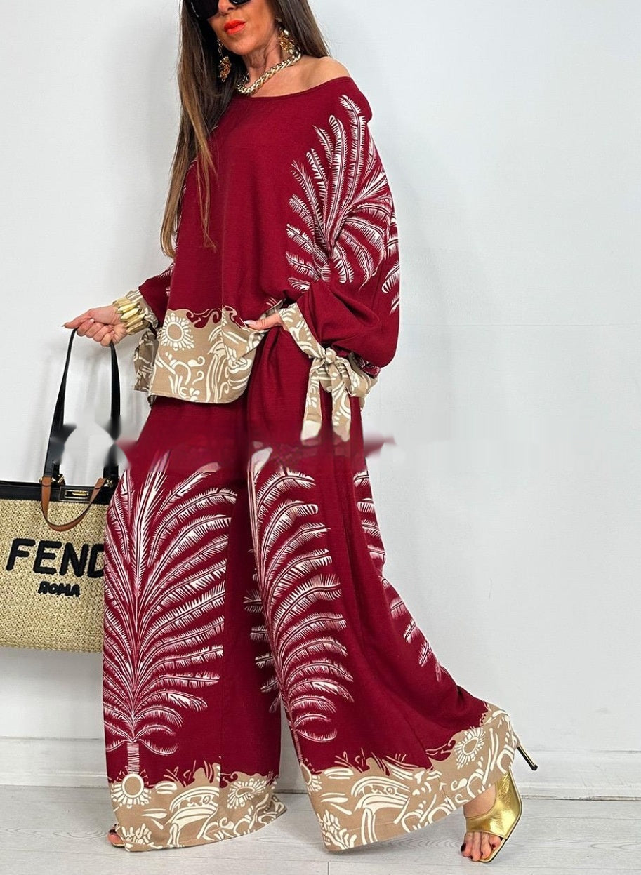 Vintage Floral Print Long Sleeves Top Wide Leg Pants Suit - Red / XS
