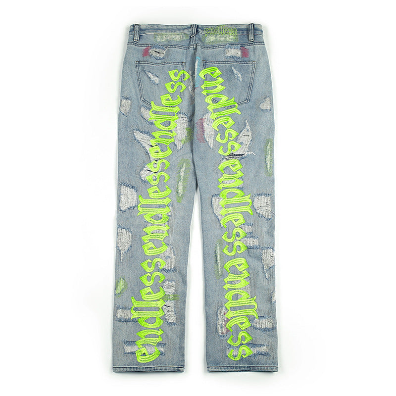Embroidered ripped vintage jeans trousers - Yellow / M