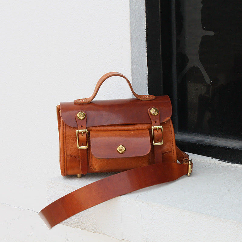 Vintage Khaki Leather Messenger Bag Head Layer Cow Leather - Yellow