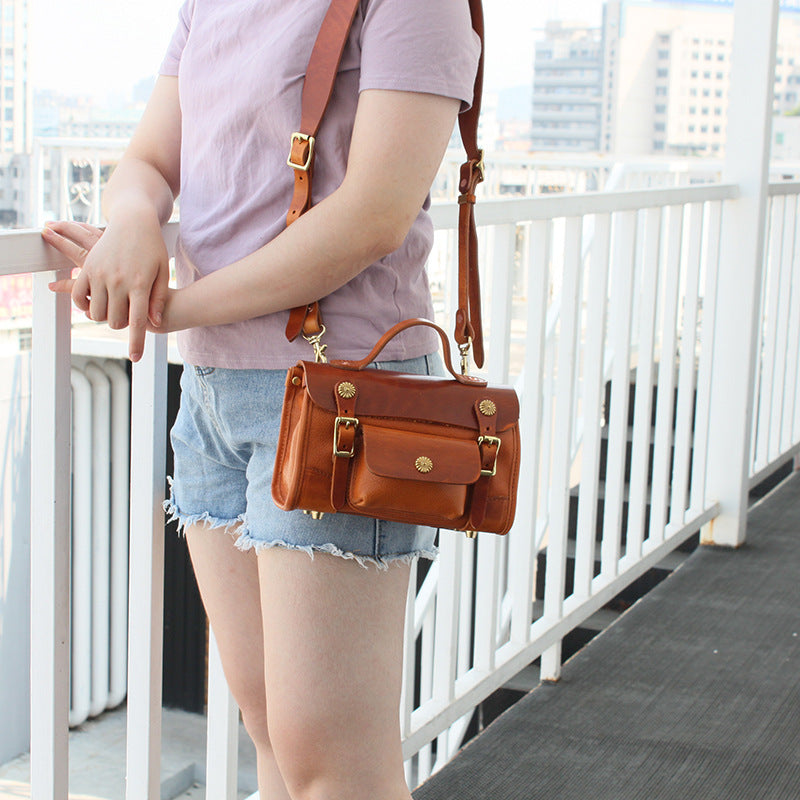 Vintage Khaki Leather Messenger Bag Head Layer Cow Leather - Yellow