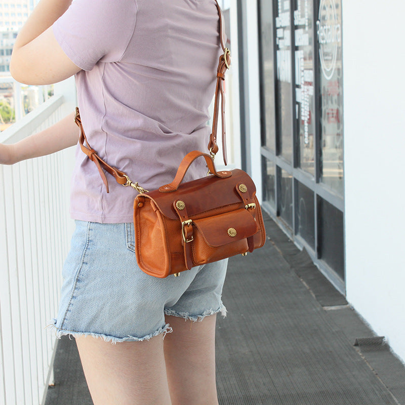 Vintage Khaki Leather Messenger Bag Head Layer Cow Leather - Yellow