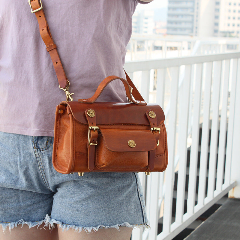Vintage Khaki Leather Messenger Bag Head Layer Cow Leather - Yellow