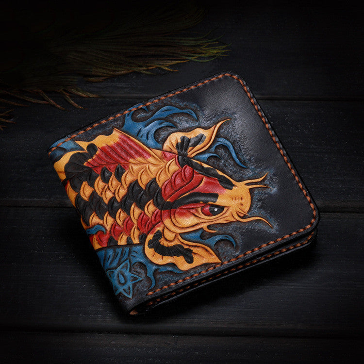 Vintage Pure Handmade Leather Lucky Carp Short Wallet - Blue