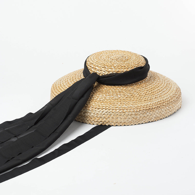 Vintage Shallow Flat Top Chiffon Hat - Black chiffon / adjustable