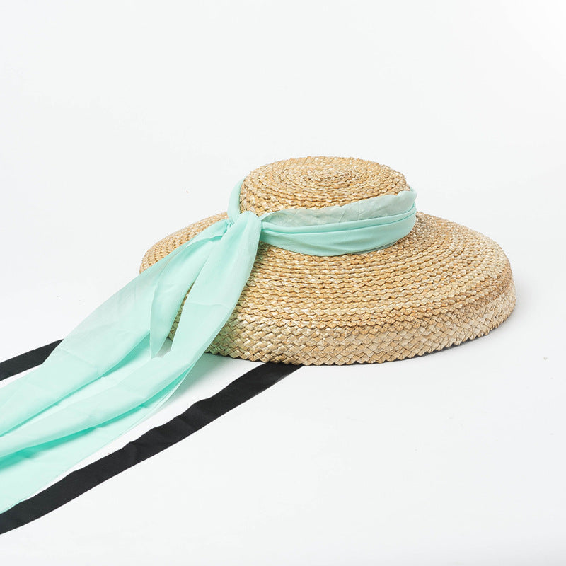 Vintage Shallow Flat Top Chiffon Hat - Blue Chiffon / adjustable