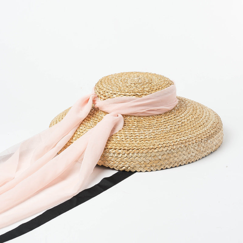 Vintage Shallow Flat Top Chiffon Hat - Pink Chiffon / adjustable