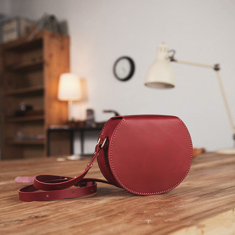 Vintage Vegetable Tanned Leather Round Box Treasure - Red