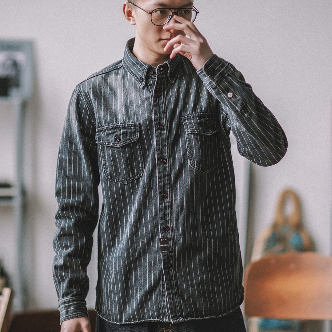 Vintage Vertical Stripes Denim Shirt Workwear Washed Old Long Sleeve Men - Black / M