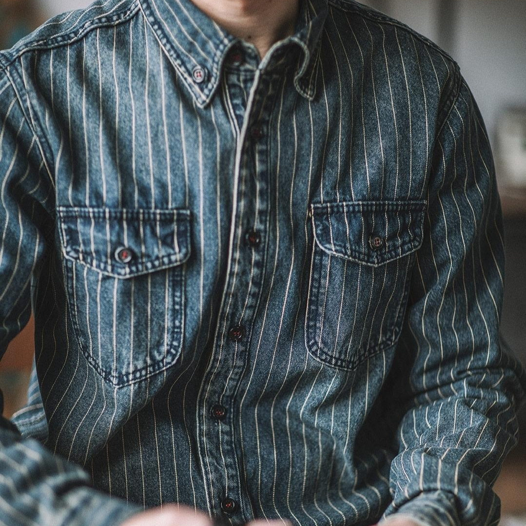 Vintage Vertical Stripes Denim Shirt Workwear Washed Old Long Sleeve Men - Blue / M