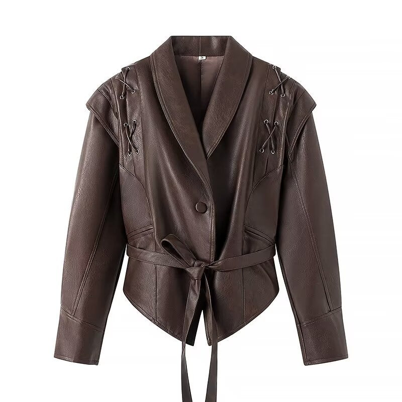 All-match Retro Green Collar Single-breasted With Belt Leather Coat Women - Dark Brown / S