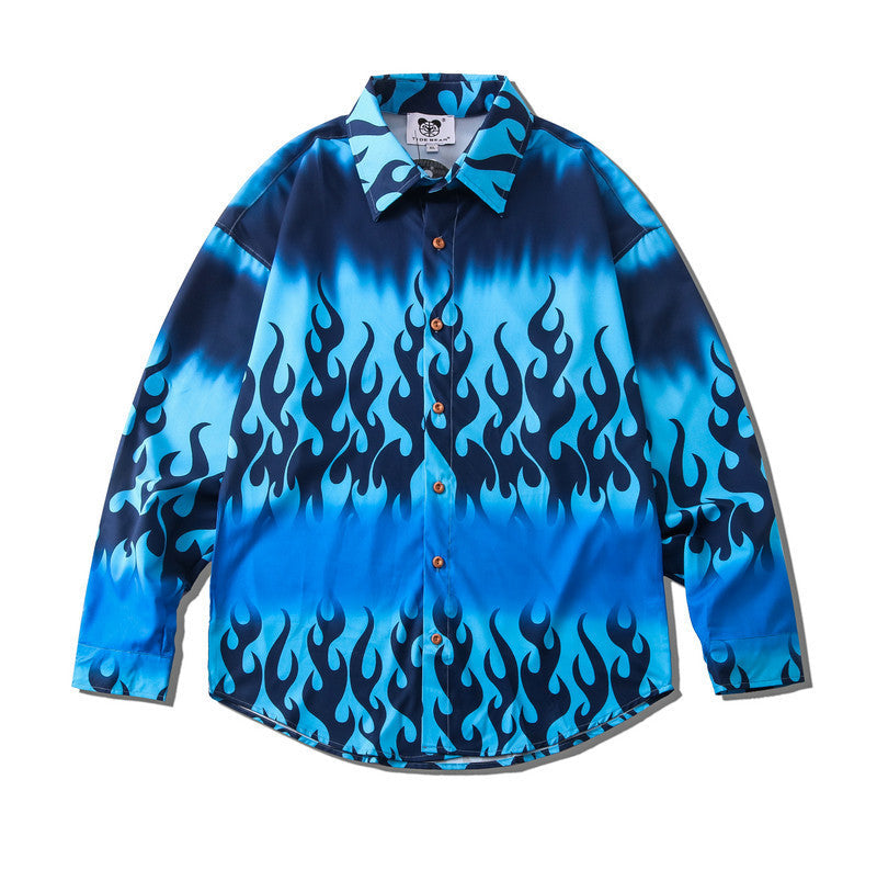 Tie Dye Flame 3D Print Long Sleeve Shirt - Blue / S