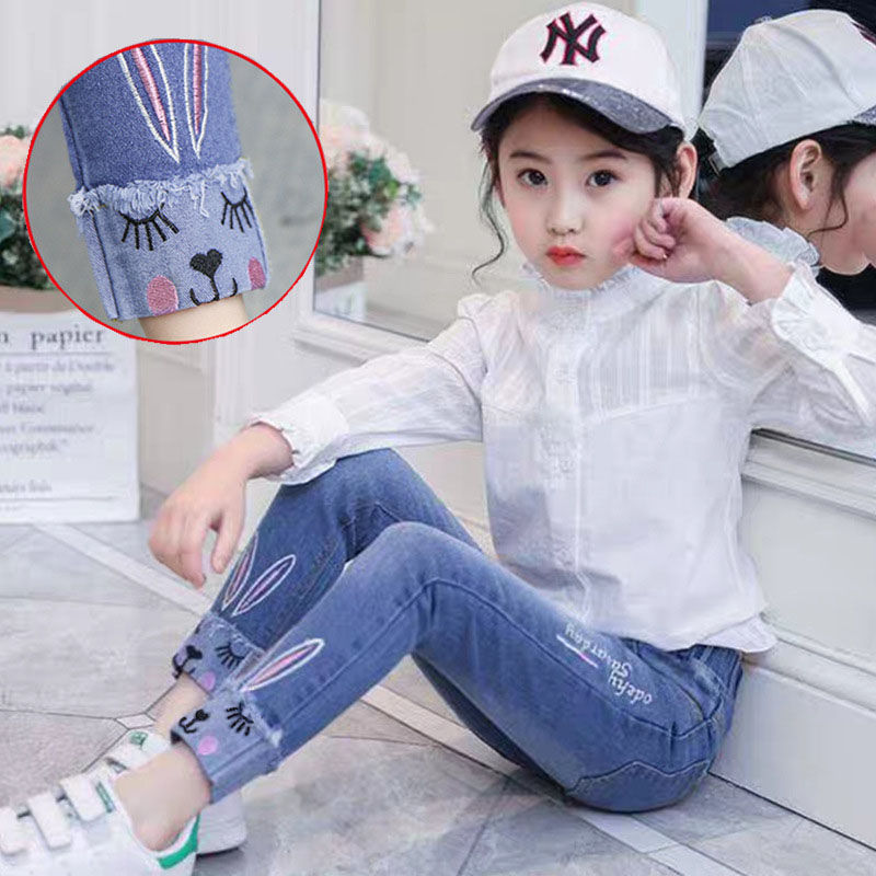 Spring And Autumn Girls Jeans Pants Girls Loose Jeans Pants - B / 110cm