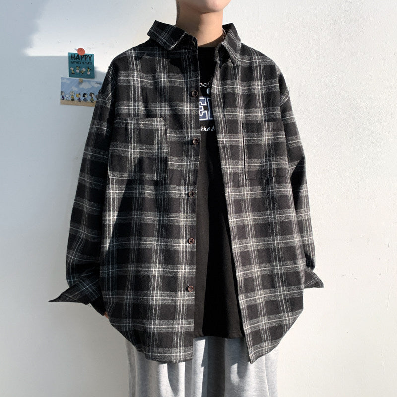 Brushed Striped Plaid Shirt Male High-end Sense Of Shameless Handsome - Black / M