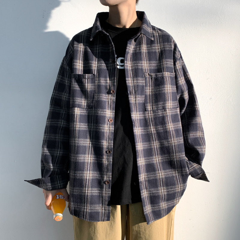 Brushed Striped Plaid Shirt Male High-end Sense Of Shameless Handsome - Navy Blue / M