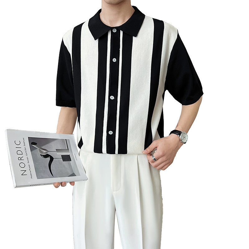 Men’s Striped Color Blocking POLO Sweater - Black white / M