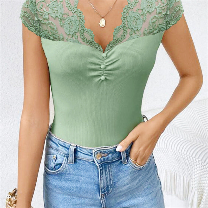 Temperament Wild Lace Lace-collared Blouse Women - Green / S