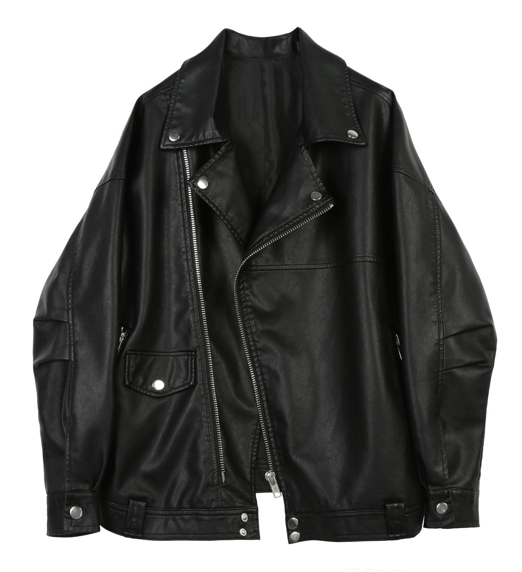 Casual Loose Small Plus Size Black Leather Coat - Black Single Liner / M
