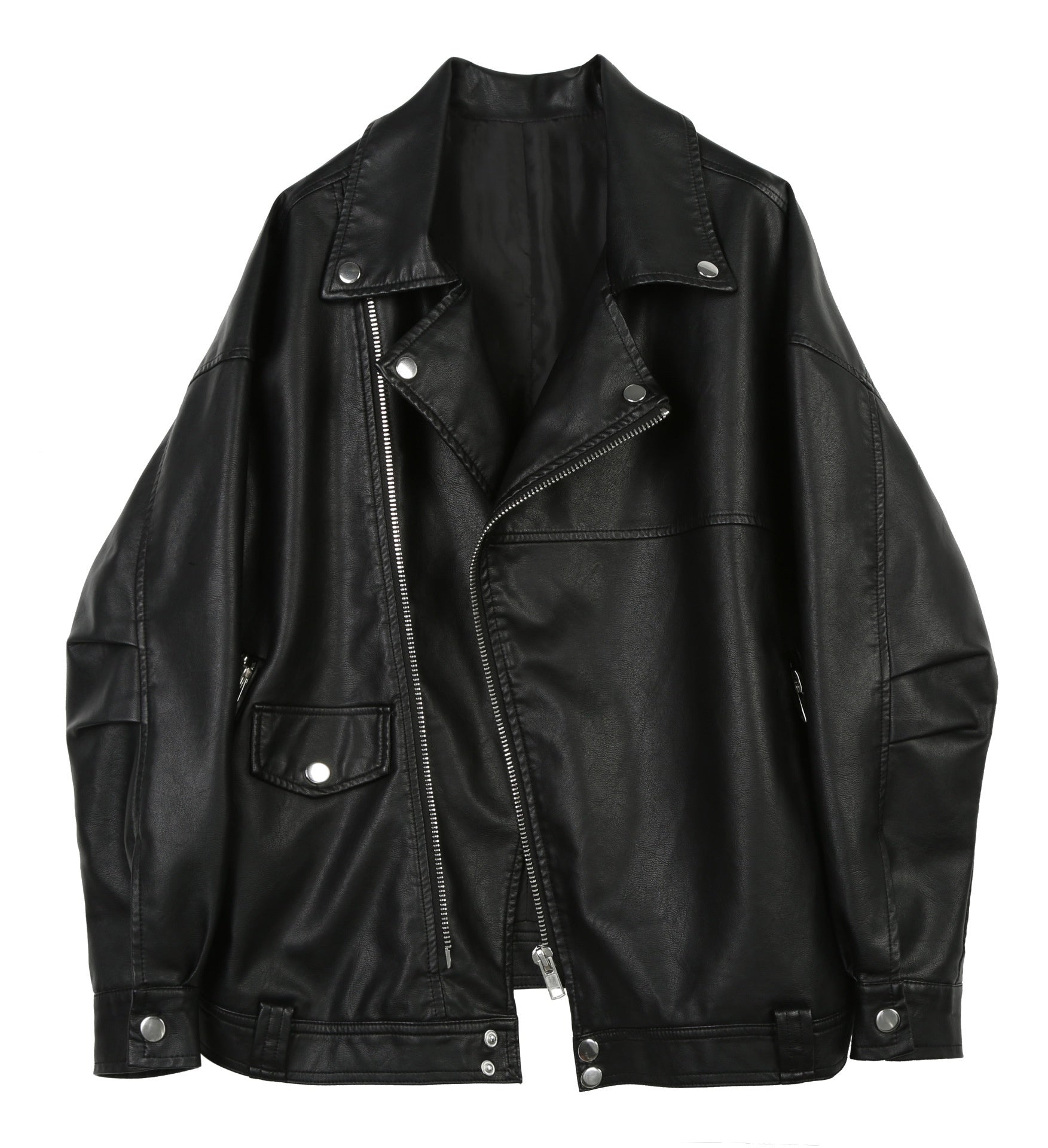 Casual Loose Small Plus Size Black Leather Coat - Black Single Liner / M