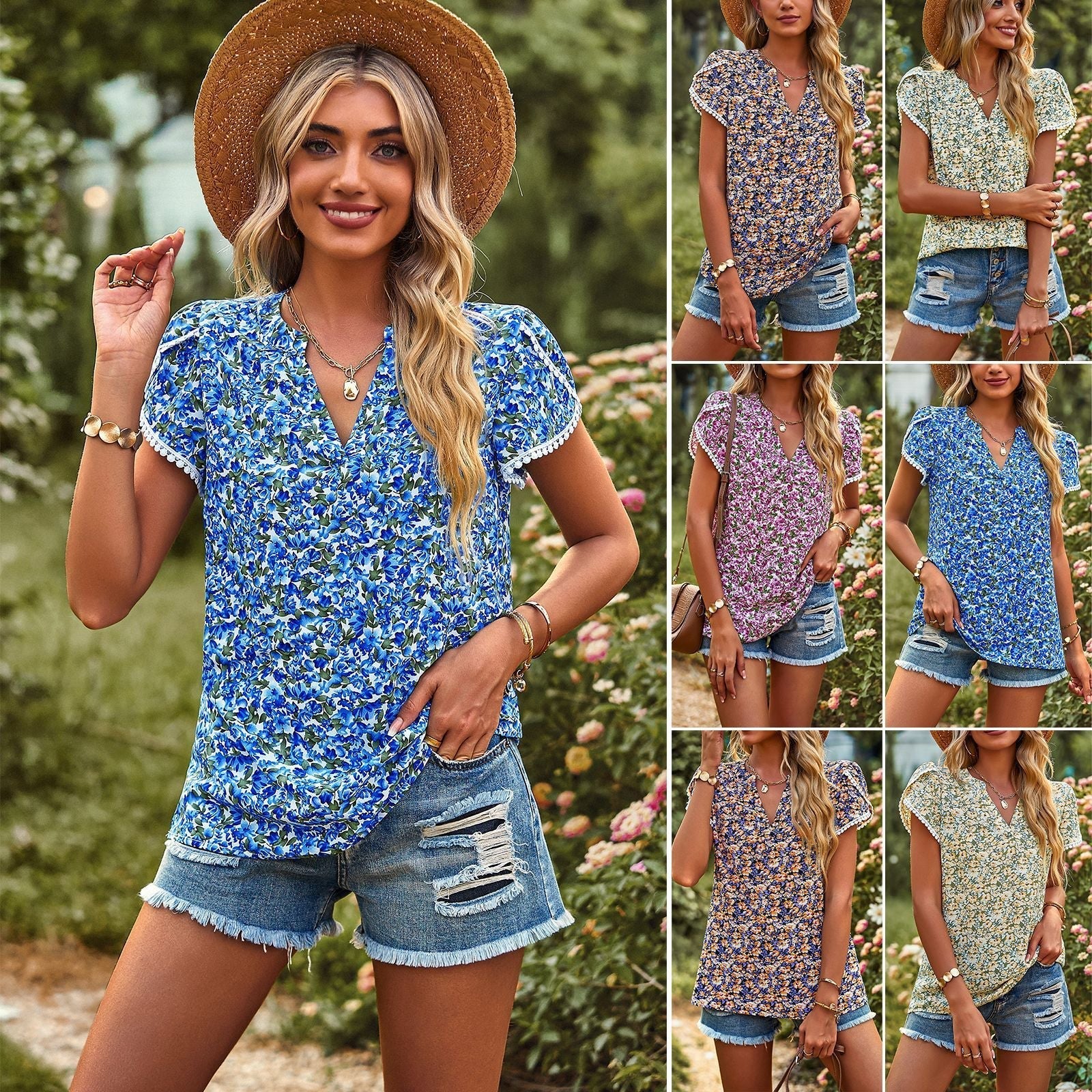 Women’s V-neck Printed Spring And Summer Casual T-shirt Top