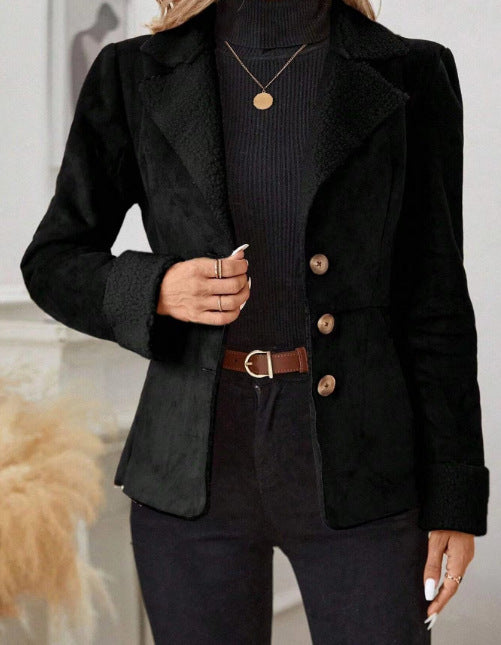 Casual Fashion Cold-proof Warm Fur Integrated Lapel Pocket Jacket - Black / S