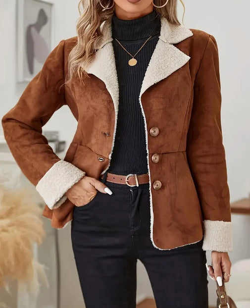 Casual Fashion Cold-proof Warm Fur Integrated Lapel Pocket Jacket - Caramel Color / S