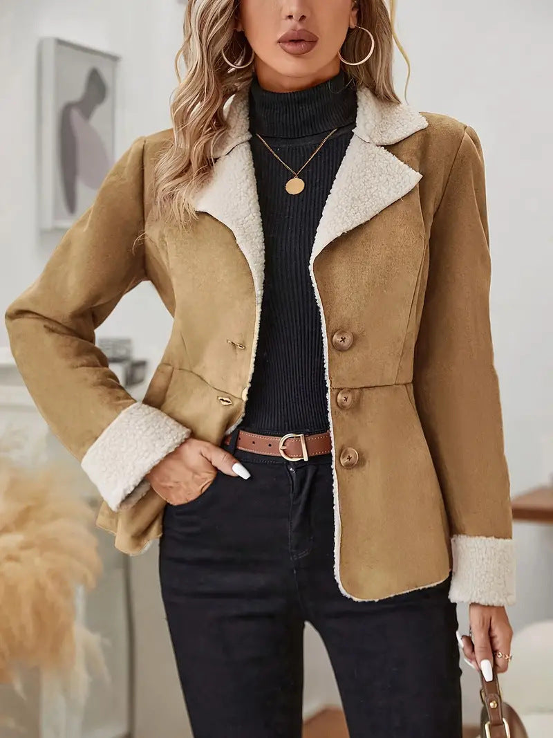 Casual Fashion Cold-proof Warm Fur Integrated Lapel Pocket Jacket - Khaki / S