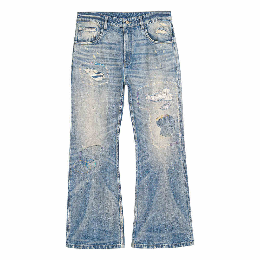 Washed Blue Patch Color Wire-track Flared Jeans - Washed Blue / S
