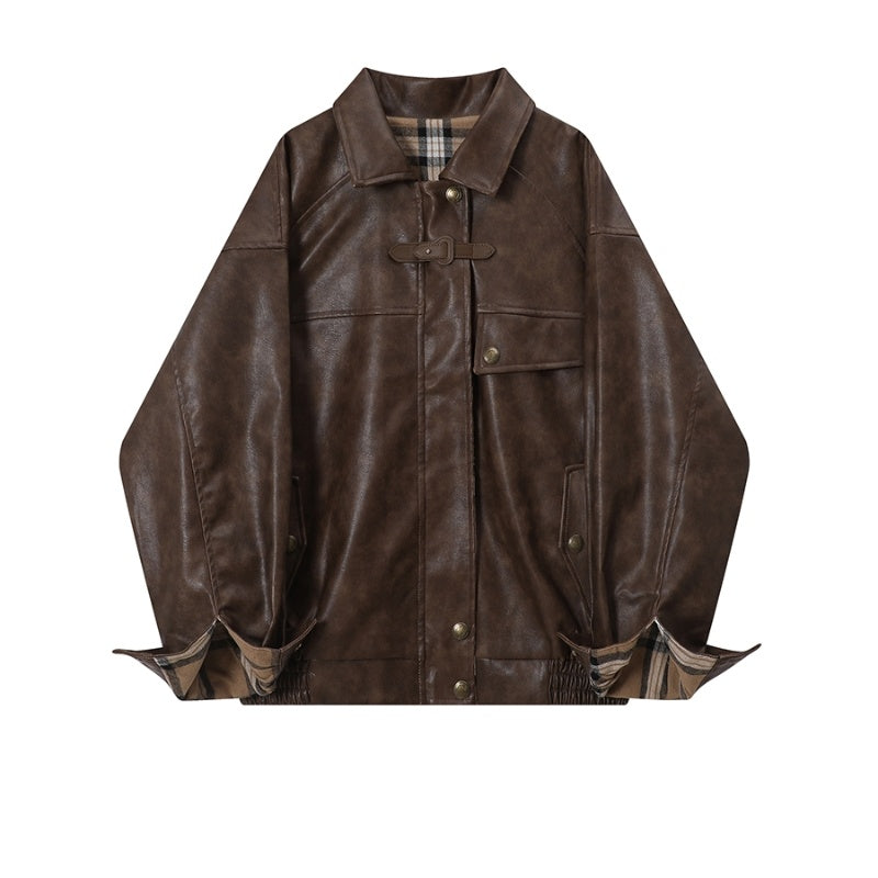 Plaid Stitching Two-side Jacket Coat - brown / L