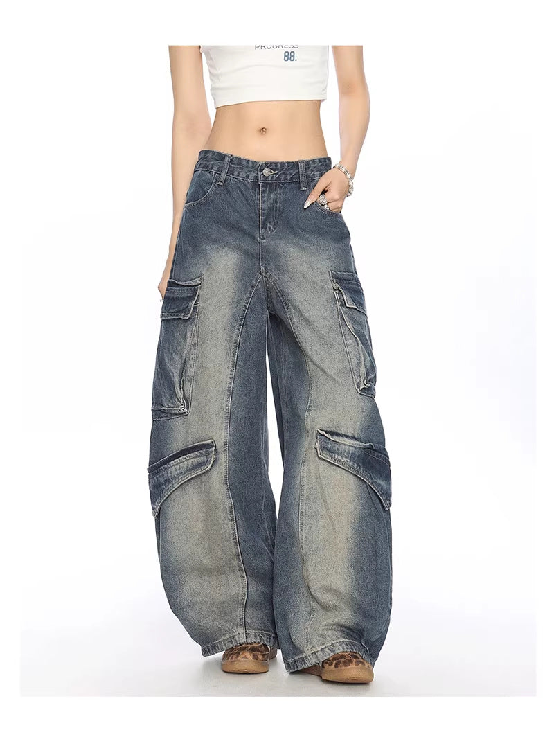 Washed Multi-pocket Denim Matchet Pants