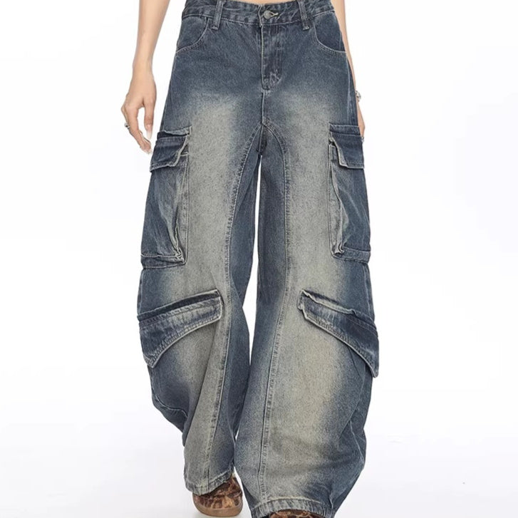 Washed Multi-pocket Denim Matchet Pants