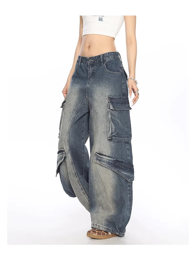 Washed Multi-pocket Denim Matchet Pants
