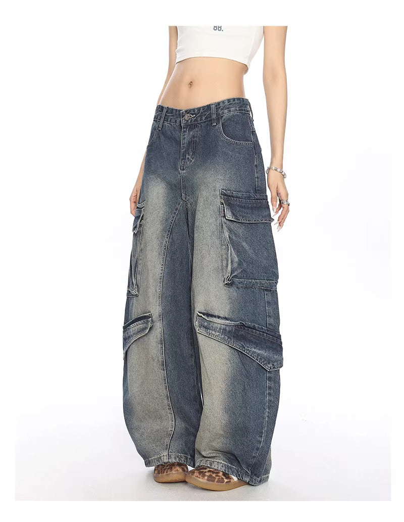 Washed Multi-pocket Denim Matchet Pants