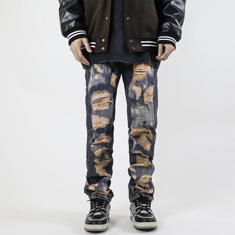 High Street Retro Washed Straight Hole Blasted Street Personalized Jeans Men - Blue / M