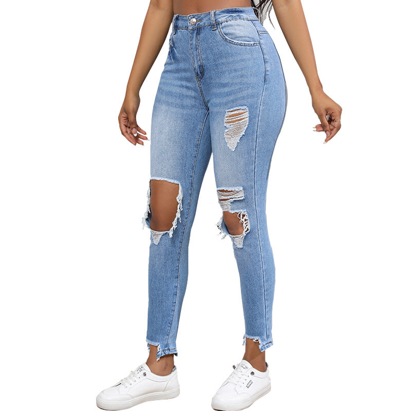 Water Washed Hole Slim High Waist Stretch Retro Denim Skinny Pants Women - Blue / S
