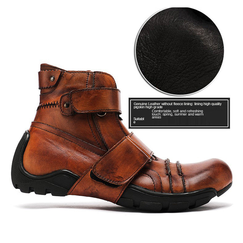 Brown leather ankle boot with black single sole from Western Cowboy Martin Boots Men’s Leather Large Head Handmade