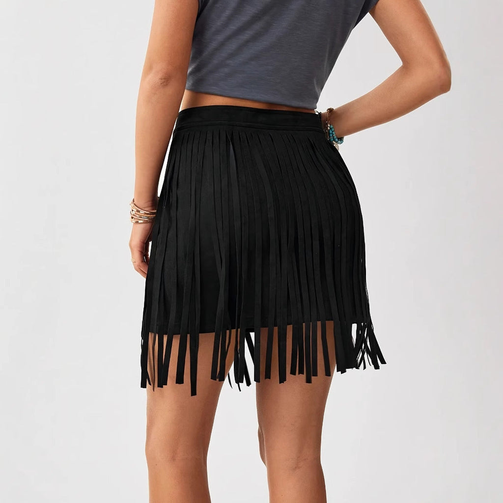 Western Denim Style Women’s Solid Color Tassel Front Zipper Casual Short Skirt - 4