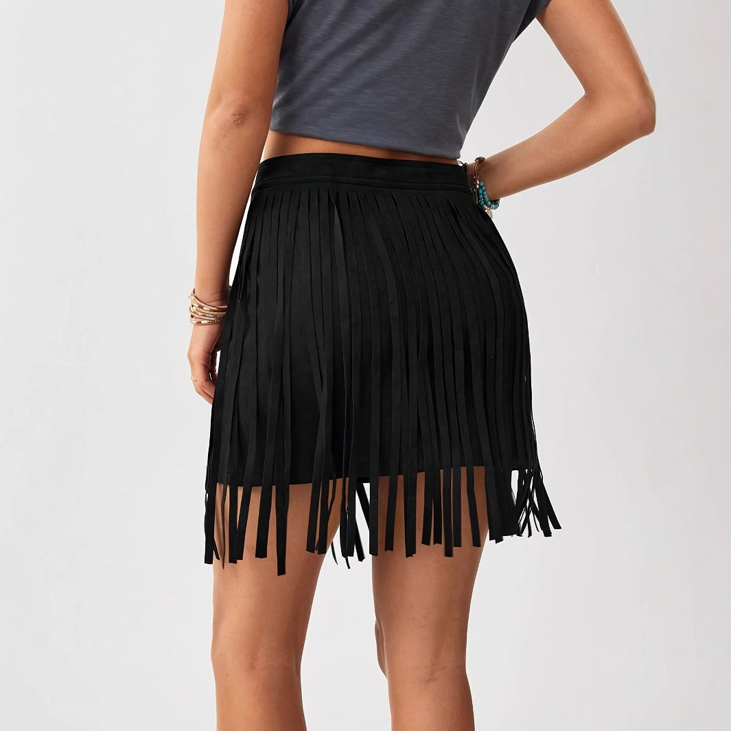Western Denim Style Women’s Solid Color Tassel Front Zipper Casual Short Skirt - 4