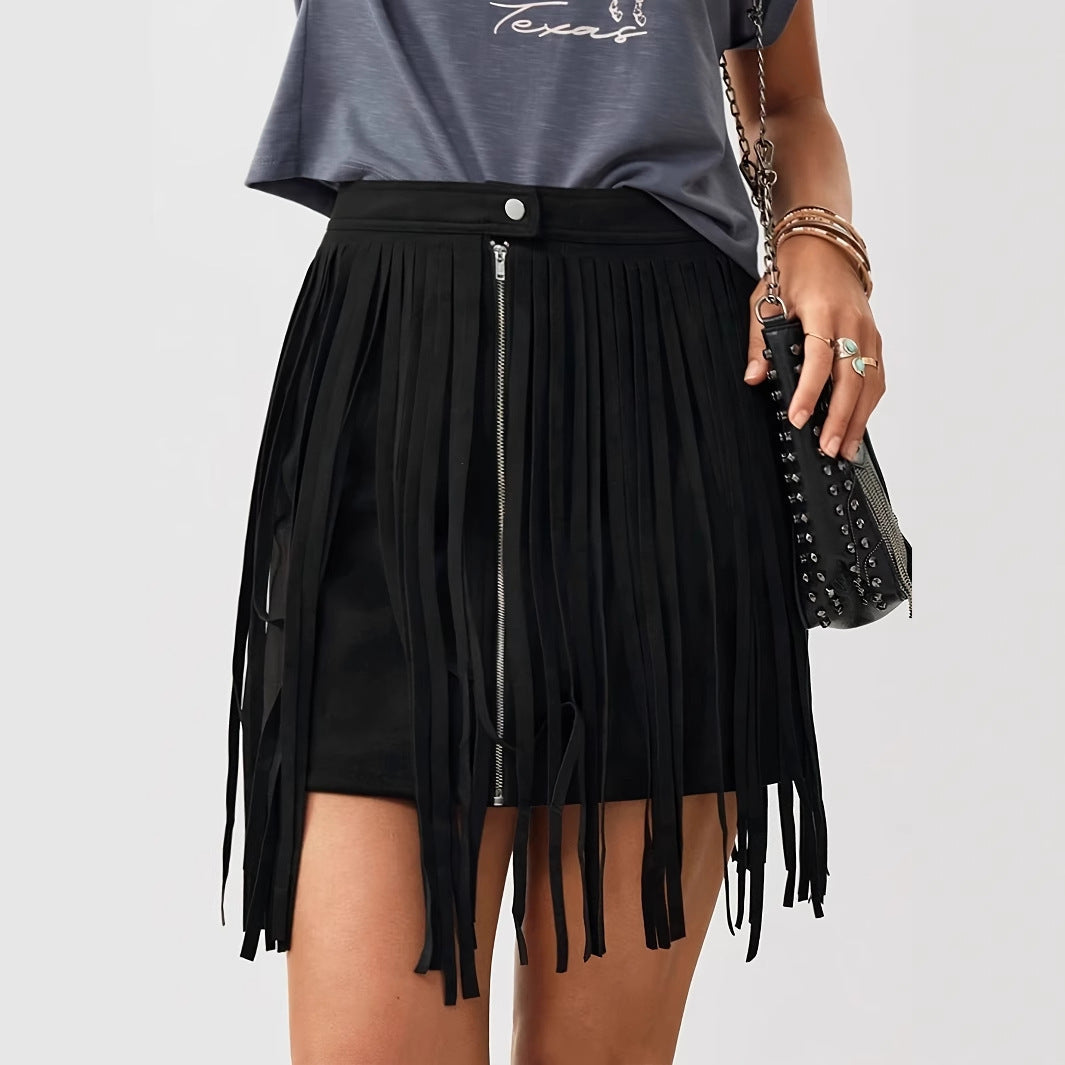 Western Denim Style Women’s Solid Color Tassel Front Zipper Casual Short Skirt - 4