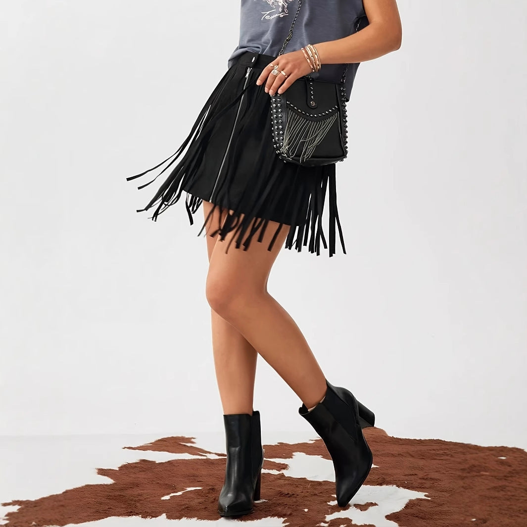 Western Denim Style Women’s Solid Color Tassel Front Zipper Casual Short Skirt - 4