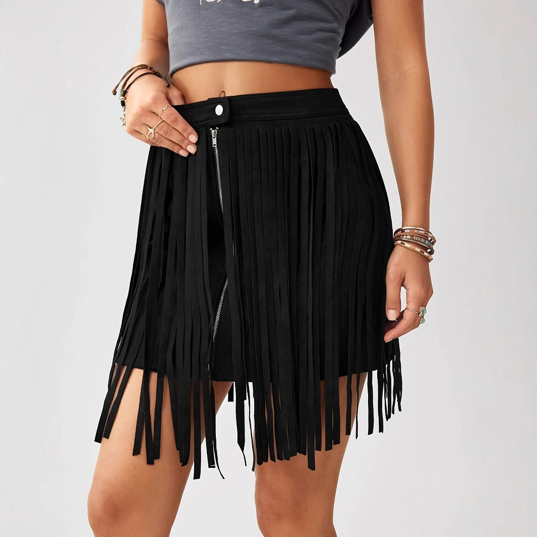 Western Denim Style Women’s Solid Color Tassel Front Zipper Casual Short Skirt - 4