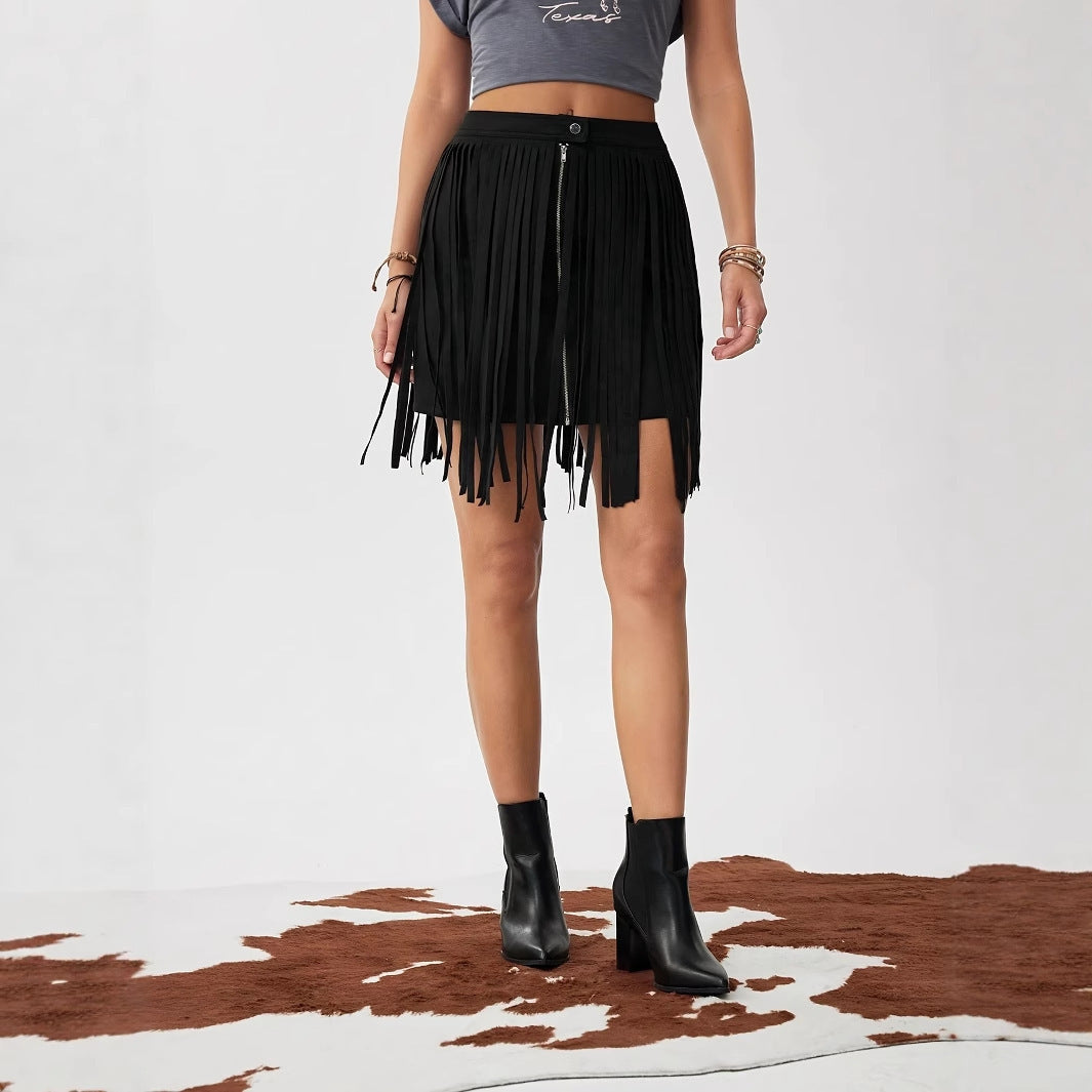 Western Denim Style Women’s Solid Color Tassel Front Zipper Casual Short Skirt - 4